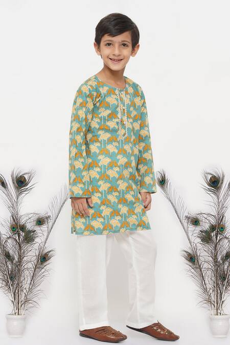 Little Bansi_Blue Cotton Pearls Bird Print Kurta Set _Online_at_Aza_Fashions