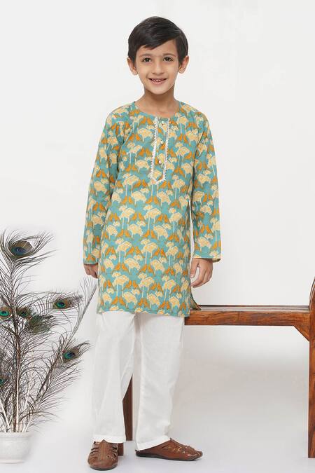 Buy_Little Bansi_Blue Cotton Pearls Bird Print Kurta Set _Online_at_Aza_Fashions
