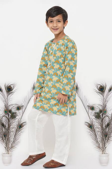 Shop_Little Bansi_Blue Cotton Pearls Bird Print Kurta Set _Online_at_Aza_Fashions