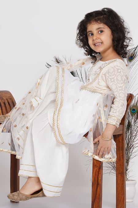 Buy_Little Bansi_White Viscose, Cotton, Net Sequins Embroidered Kurta Sharara Set _Online_at_Aza_Fashions