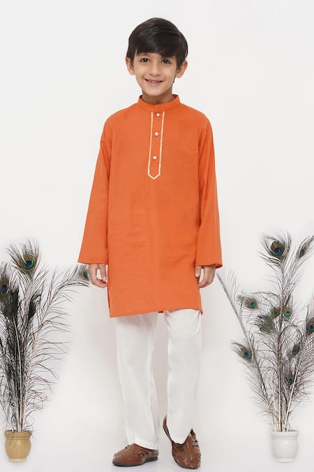 Little Bansi Orange Cotton Gota Patti Kesari Kurta Set 