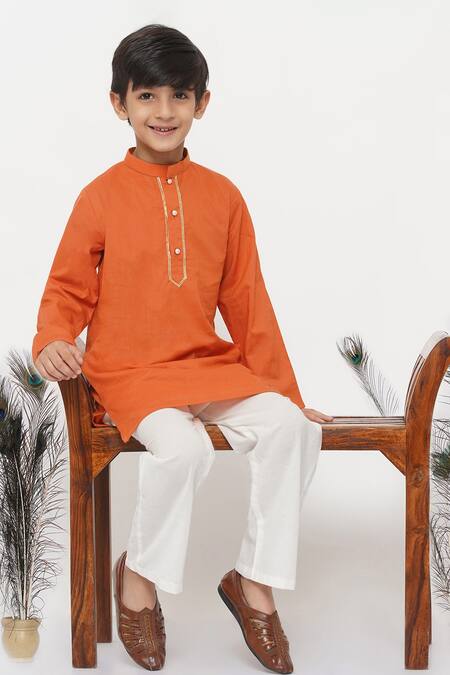 Buy_Little Bansi_Orange Cotton Gota Patti Kesari Kurta Set _Online_at_Aza_Fashions