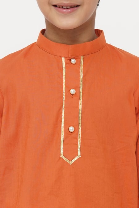 Little Bansi_Orange Cotton Gota Patti Kesari Kurta Set _at_Aza_Fashions