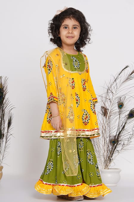 Little Bansi Yellow Cotton, Net Sequins Paisley Print Kurta Sharara Set Online at Aza Fashions Little Bansi_Yellow Cotton, Net Sequins Paisley Print Kurta Sharara Set _Online_at_Aza_Fashions