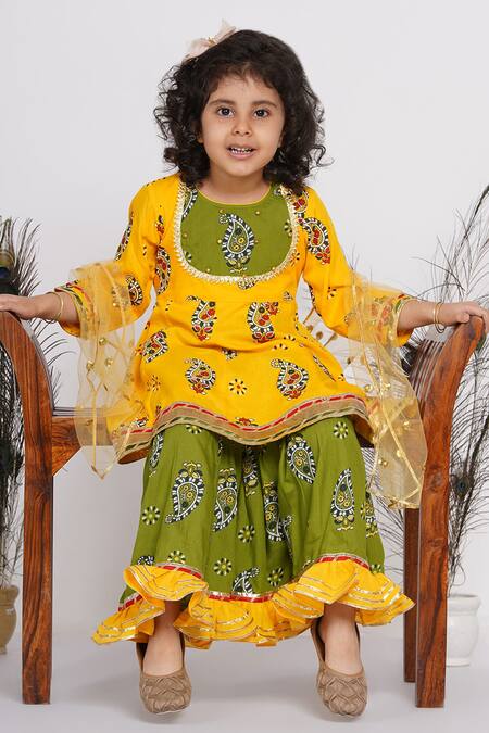 Buy Little Bansi Yellow Cotton, Net Sequins Paisley Print Kurta Sharara Set Online at Aza Fashions Buy_Little Bansi_Yellow Cotton, Net Sequins Paisley Print Kurta Sharara Set _Online_at_Aza_Fashions