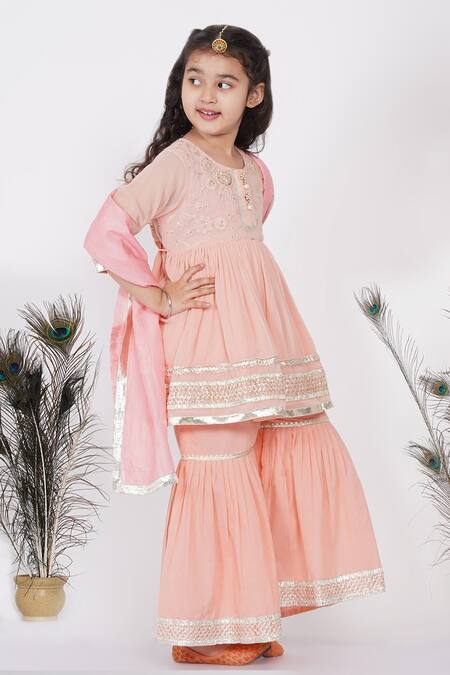 Little Bansi_Peach Georgette, Cotton, Silk Embroidery, Pearls, Gota Patti Floral Kurta Set _Online_at_Aza_Fashions