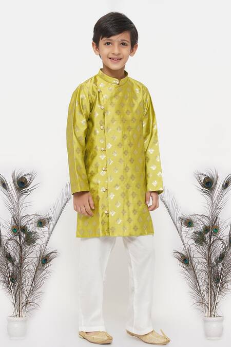 Little Bansi_Green Silk, Cotton Embroidery Floral Woven Kurta Set_Online_at_Aza_Fashions