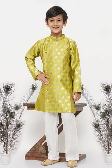 Buy_Little Bansi_Green Silk, Cotton Embroidery Floral Woven Kurta Set_Online_at_Aza_Fashions