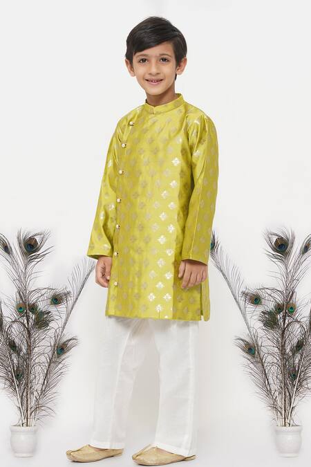 Shop_Little Bansi_Green Silk, Cotton Embroidery Floral Woven Kurta Set_Online_at_Aza_Fashions