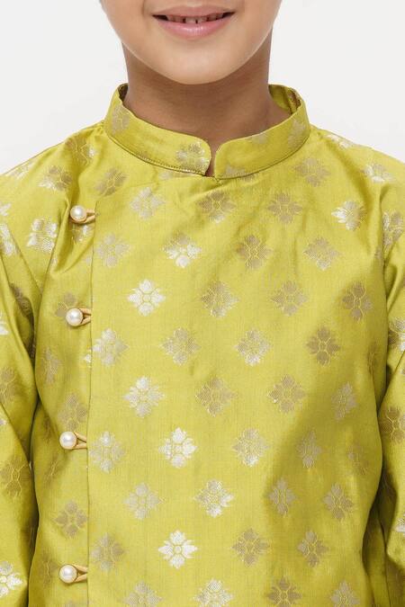 Little Bansi_Green Silk, Cotton Embroidery Floral Woven Kurta Set_at_Aza_Fashions