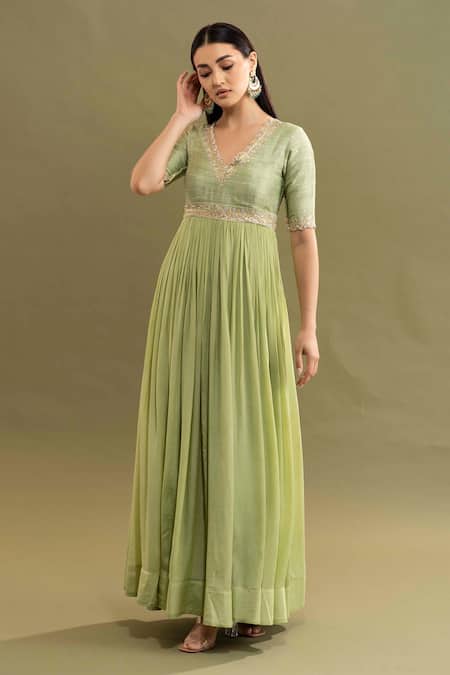 Kavitha Gutta Green Crepe Zardozi V Neck Gathered Anarkali