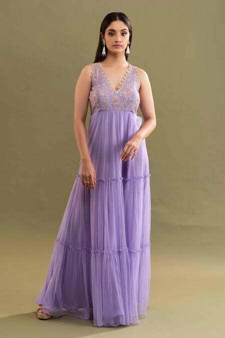 Kavitha Gutta_Blue Net Floral V Neck Niara Tiered Anarkali _Online_at_Aza_Fashions