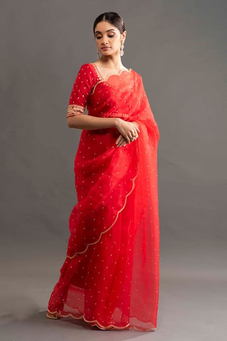 Kavitha Gutta Red Organza Floral Blouse V Neck Rekha Scallop Hem Saree With Online at Aza Fashions Kavitha Gutta_Red Organza Floral Blouse V Neck Rekha Scallop Hem Saree With _Online_at_Aza_Fashions