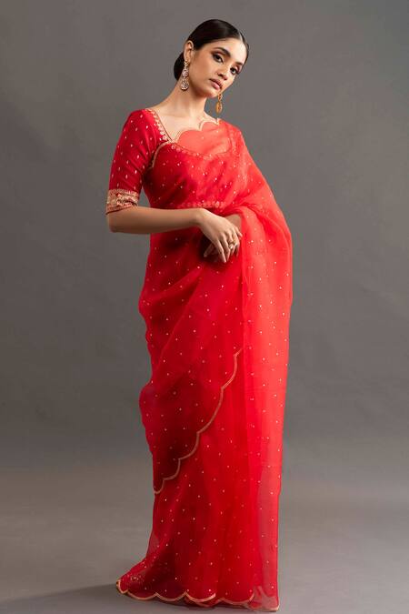 Buy Kavitha Gutta Red Organza Floral Blouse V Neck Rekha Scallop Hem Saree With Online at Aza Fashions Buy_Kavitha Gutta_Red Organza Floral Blouse V Neck Rekha Scallop Hem Saree With _Online_at_Aza_Fashions