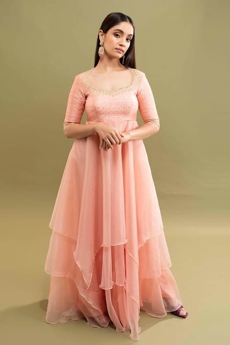 Kavitha Gutta Pink Organza Floral Scoop Neck Hitha Layered Anarkali