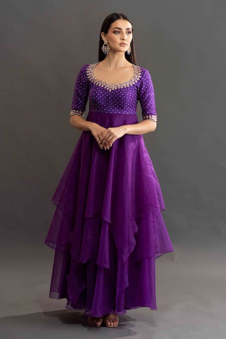 Kavitha Gutta Purple Organza Floral Scoop Neck Hitha Layered Anarkali