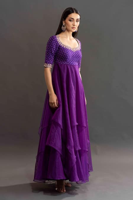 Kavitha Gutta Purple Organza Floral Scoop Neck Hitha Layered Anarkali Online at Aza Fashions Kavitha Gutta_Purple Organza Floral Scoop Neck Hitha Layered Anarkali _Online_at_Aza_Fashions