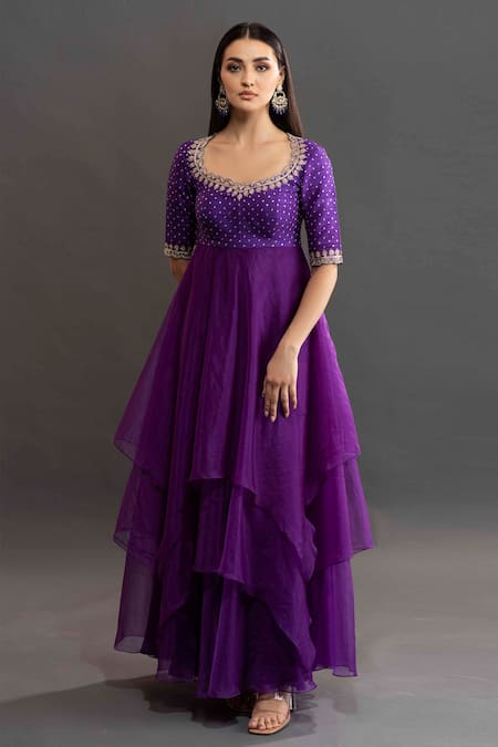Buy Kavitha Gutta Purple Organza Floral Scoop Neck Hitha Layered Anarkali Online at Aza Fashions Buy_Kavitha Gutta_Purple Organza Floral Scoop Neck Hitha Layered Anarkali _Online_at_Aza_Fashions