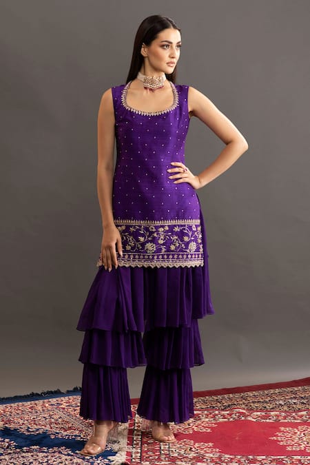 Kavitha Gutta Purple Kurta Rawsilk Shararageorgette Floral Samantha And Layered Sharara Set 