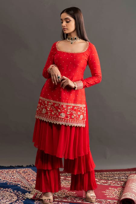 Kavitha Gutta Red Kurta Rawsilk Shararageorgette Floral Samantha And Layered Sharara Set Online at Aza Fashions Kavitha Gutta_Red Kurta Rawsilk Shararageorgette Floral Samantha And Layered Sharara Set _Online_at_Aza_Fashions