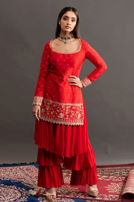 Buy Kavitha Gutta Red Kurta Rawsilk Shararageorgette Floral Samantha And Layered Sharara Set Online at Aza Fashions Buy_Kavitha Gutta_Red Kurta Rawsilk Shararageorgette Floral Samantha And Layered Sharara Set _Online_at_Aza_Fashions