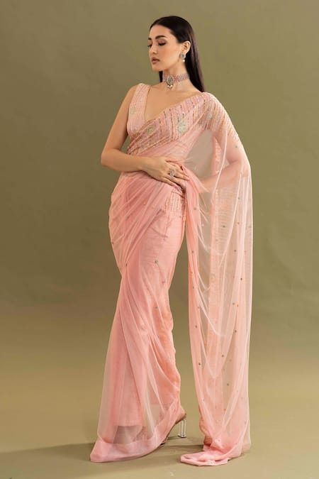Kavitha Gutta_Pink Pant And Blouse Raw Silk Floral Plunge V Pallavi Saree With Neck _Online_at_Aza_Fashions