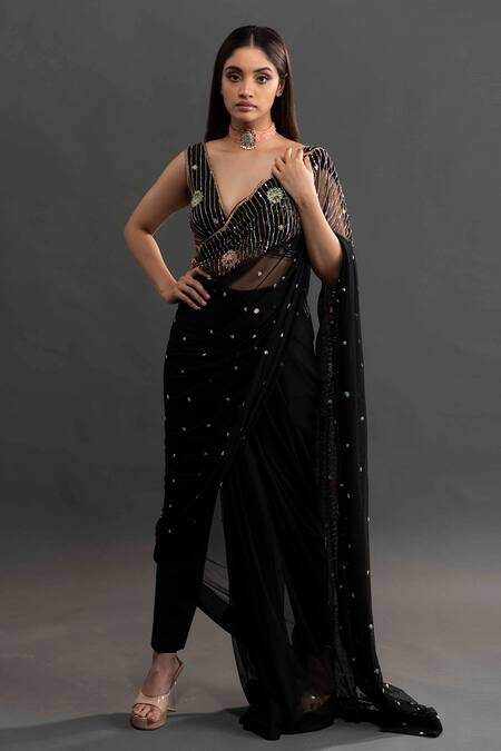 Kavitha Gutta Black Pant And Blouse Raw Silk Floral Plunge V Saree With Neck Online at Aza Fashions Kavitha Gutta_Black Pant And Blouse Raw Silk Floral Plunge V Saree With Neck _Online_at_Aza_Fashions