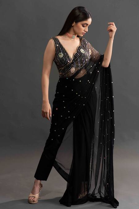 Buy Kavitha Gutta Black Pant And Blouse Raw Silk Floral Plunge V Saree With Neck Online at Aza Fashions Buy_Kavitha Gutta_Black Pant And Blouse Raw Silk Floral Plunge V Saree With Neck _Online_at_Aza_Fashions