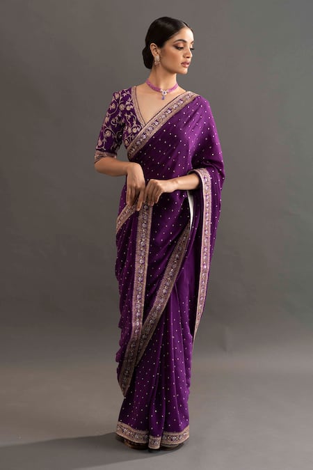 Shop Kavitha Gutta Purple Crepe Floral V Neck Shreya Embroidered Saree With Blouse at Aza Fashions Shop_Kavitha Gutta_Purple Crepe Floral V Neck Shreya Embroidered Saree With Blouse _at_Aza_Fashions