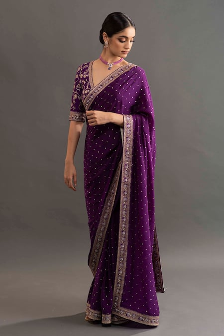 Kavitha Gutta Purple Crepe Floral V Neck Shreya Embroidered Saree With Blouse Online at Aza Fashions Kavitha Gutta_Purple Crepe Floral V Neck Shreya Embroidered Saree With Blouse _Online_at_Aza_Fashions