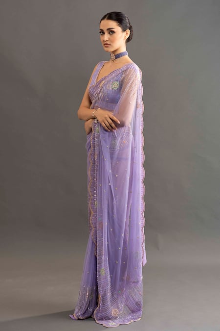 Shop Kavitha Gutta Purple Silk, Net Floral V Neck Chloe Embroidered Saree With Blouse at Aza Fashions Shop_Kavitha Gutta_Purple Silk, Net Floral V Neck Chloe Embroidered Saree With Blouse _at_Aza_Fashions