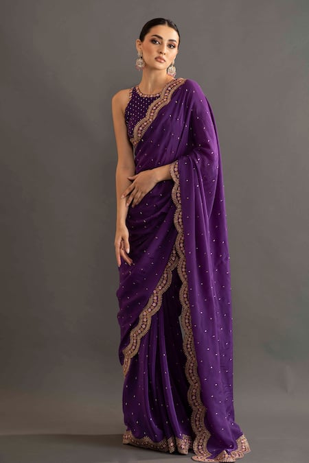 Buy Kavitha Gutta Purple Crepe Floral Round Gia Embroidered Saree With Blouse Online at Aza Fashions Buy_Kavitha Gutta_Purple Crepe Floral Round Gia Embroidered Saree With Blouse _Online_at_Aza_Fashions