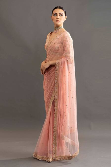 Kavitha Gutta_Pink Silk, Net Floral Plunge V Embroidered Saree With Blouse _Online_at_Aza_Fashions