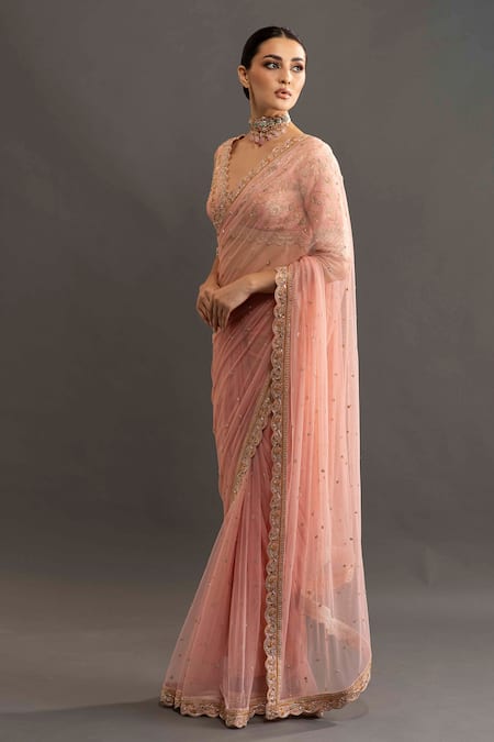 Buy_Kavitha Gutta_Pink Silk, Net Floral Plunge V Embroidered Saree With Blouse _Online_at_Aza_Fashions