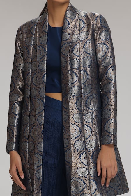 Chhaya Mehrotra_Blue Blazer Banarasi Brocade, Pant Chanderi, Top Floral Shawl Collar And Set _Online_at_Aza_Fashions