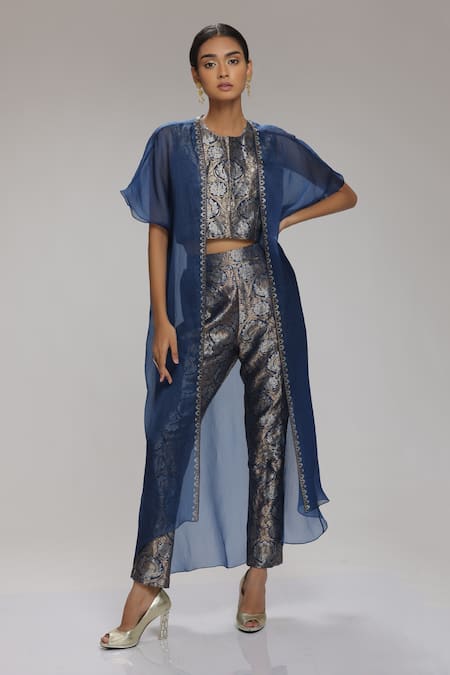 Chhaya Mehrotra Blue Cape Organza, Crop Top, Pant Banarasi Brocade Embellished And Set 