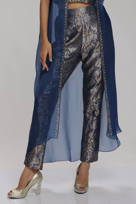 Buy_Chhaya Mehrotra_Blue Cape Organza, Crop Top, Pant Banarasi Brocade Embellished And Set _Online_at_Aza_Fashions
