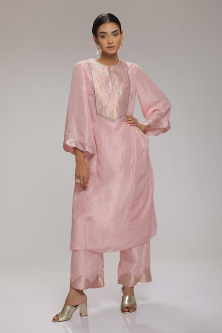 Chhaya Mehrotra Pink Habutai Silk, Brocade Floral Keyhole Kurta And Pant Set