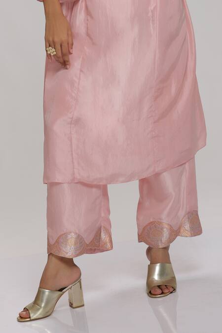 Buy_Chhaya Mehrotra_Pink Habutai Silk, Brocade Floral Keyhole Kurta And Pant Set _Online_at_Aza_Fashions