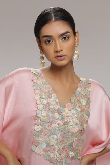 Buy_Chhaya Mehrotra_Pink Satin Brocade Circle V Neck Embellished Kaftan _Online_at_Aza_Fashions