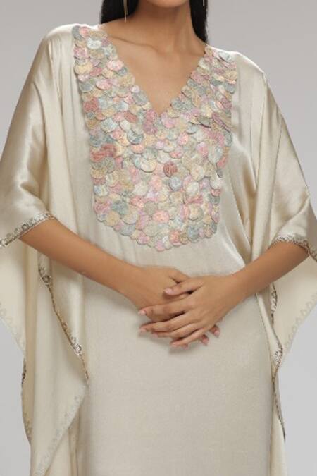 Shop Chhaya Mehrotra Cream Satin Brocade Circle V Neck Embellished Kaftan at Aza Fashions Shop_Chhaya Mehrotra_Cream Satin Brocade Circle V Neck Embellished Kaftan _at_Aza_Fashions