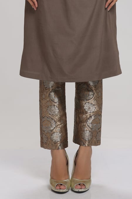 Buy_Chhaya Mehrotra_Grey Kurta Crepe, Pant Brocade Floral Round Draped And Set _Online_at_Aza_Fashions