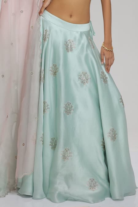 Buy_Chhaya Mehrotra_Green Blouse Brocade, Dupatta Organza, Lehenga Floral, Embellished Set _Online_at_Aza_Fashions