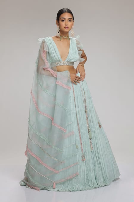 Chhaya Mehrotra Green Blouse Habutai Silk, Dupatta Organza, Lehenga Plain V Neck Crushed Set