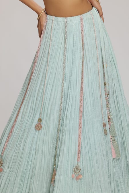 Buy_Chhaya Mehrotra_Green Blouse Habutai Silk, Dupatta Organza, Lehenga Plain V Neck Crushed Set _Online_at_Aza_Fashions