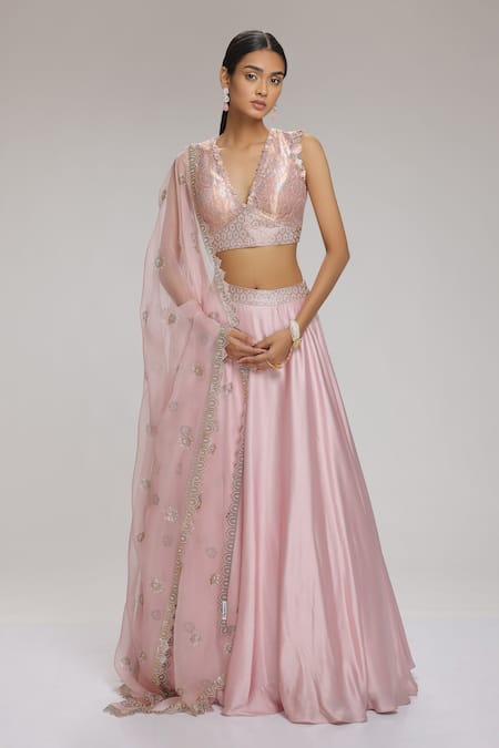 Chhaya Mehrotra Pink Blouse Brocade, Dupatta Organza, Lehenga Satin Floral V Neck Set