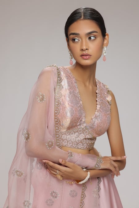 Chhaya Mehrotra_Pink Blouse Brocade, Dupatta Organza, Lehenga Satin Floral V Neck Set _Online_at_Aza_Fashions