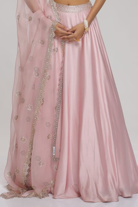 Buy_Chhaya Mehrotra_Pink Blouse Brocade, Dupatta Organza, Lehenga Satin Floral V Neck Set _Online_at_Aza_Fashions