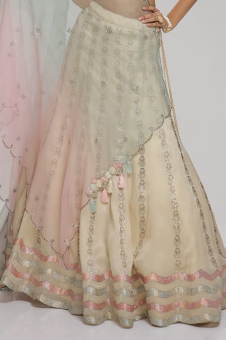 Chhaya Mehrotra_Cream Blouse Brocade, Dupatta Organza, Lehenga Circle, Embellished Set _Online_at_Aza_Fashions
