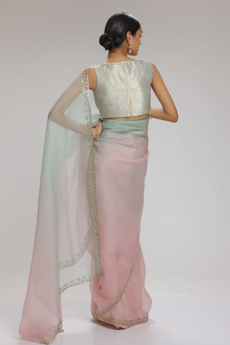 Shop_Chhaya Mehrotra_Pink Blouse Brocade, Saree Organza Rhinestone Round Ombre With _at_Aza_Fashions
